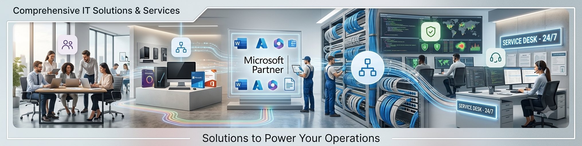 Abhinav Enterprises IT solutions — manpower staffing, hardware and Microsoft licensing, networking installation, security monitoring, and a 24/7 support desk