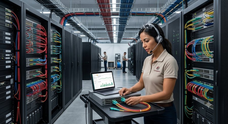 Technician with a headset configuring a managed switch on a cart in a server room, structured cabling racks on either side
