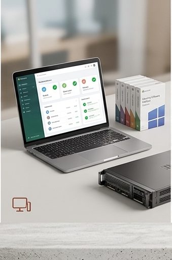 Laptop and licensed software boxes set up on a desk