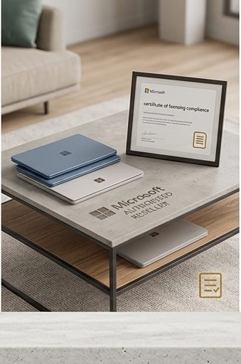 Framed Microsoft licensing compliance certificate beside a laptop