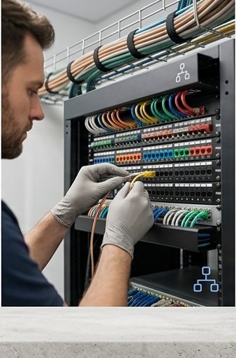 Technician terminating cables in a network rack