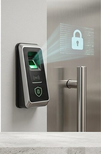 Access-control security reader mounted beside a door