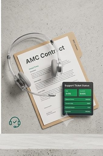 Support headset beside an AMC contract and ticket status board