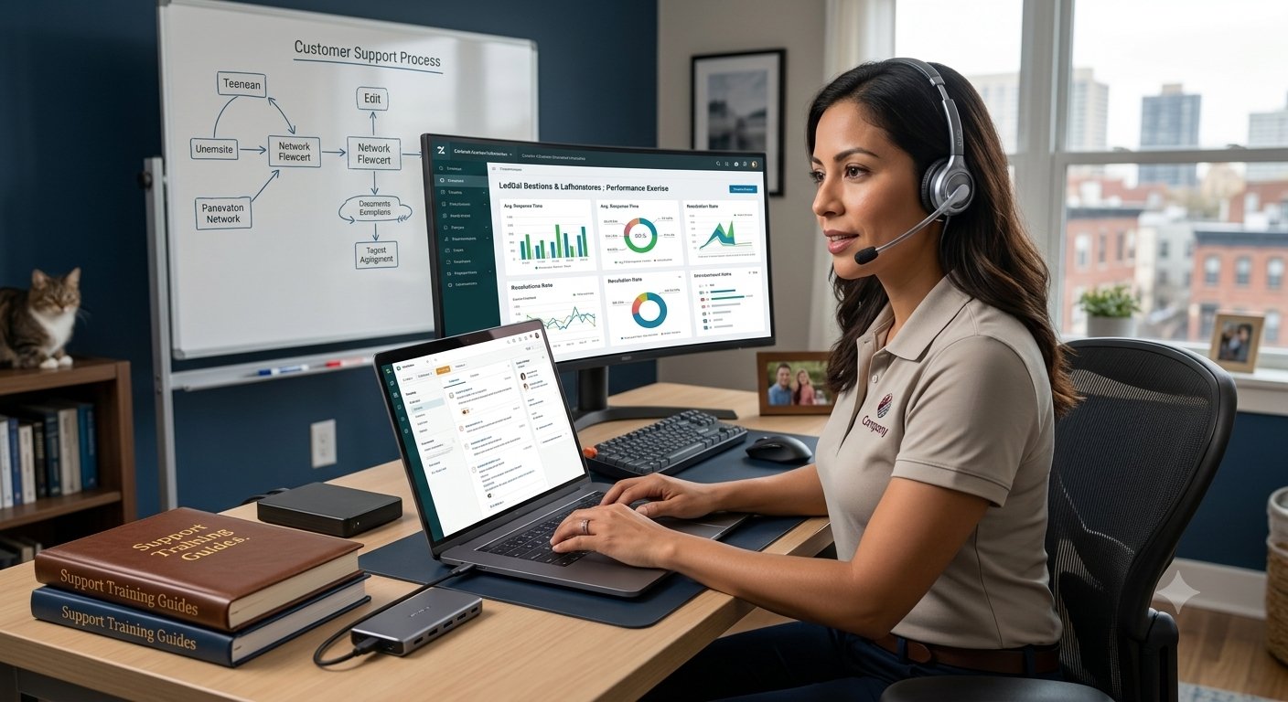Support agent at a desk with dual monitors showing helpdesk dashboards, a customer support process whiteboard behind her